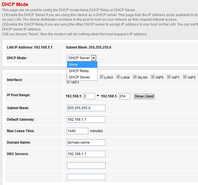 A router's settings page with the DHCP server feature disabled.