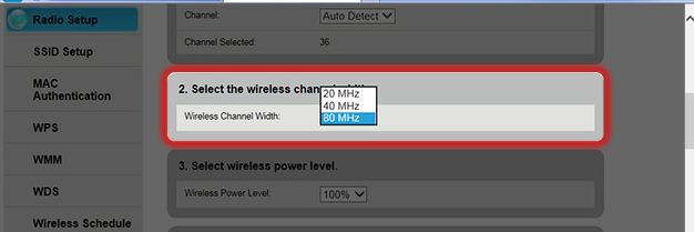 A screenshot of a router's configuration page showing the current Wi-Fi channel width setting.