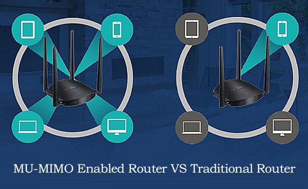 A wireless router with multiple antennas illustrating the concept of MU-MIMO for simultaneous data transmission to multiple devices.