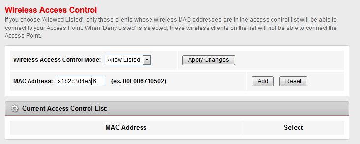 A router's settings page with the MAC filtering feature enabled.