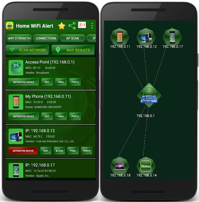 A screenshot of the Home WiFi Alert Android app displaying a list of connected WiFi devices, enabling users to monitor their network activity and ensure security