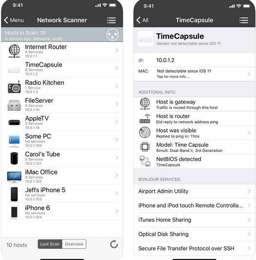 A screenshot of the iNet - Network Scanner iOS app displaying a list of connected WiFi devices, empowering users to monitor their network activity and ensure security