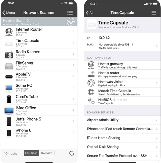 Screenshot of the iNet – Network Scanner app displaying connected devices on an iOS device. Monitor WiFi connections and find connected devices.