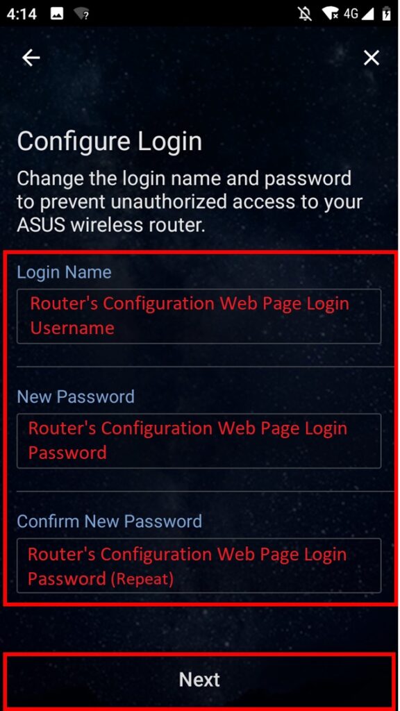 Router's mobile app interface for changing login credentials
