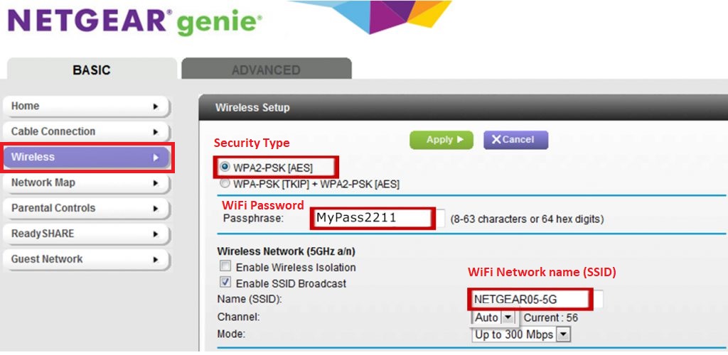 SSID and password change page on the router's configuration page