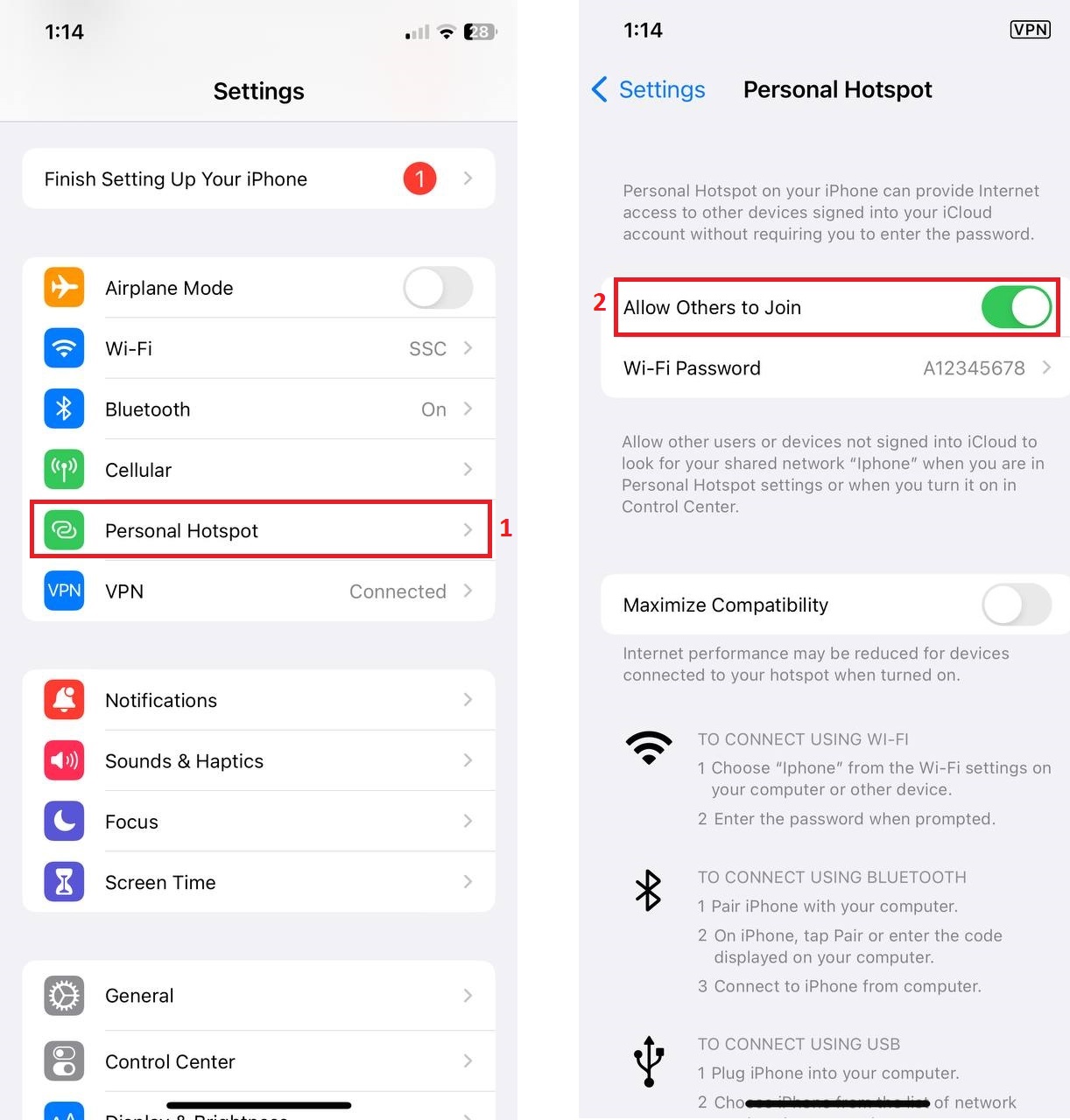 iPhone Settings app with the Wi-Fi hotspot option highlighted, directing users to the setup process.