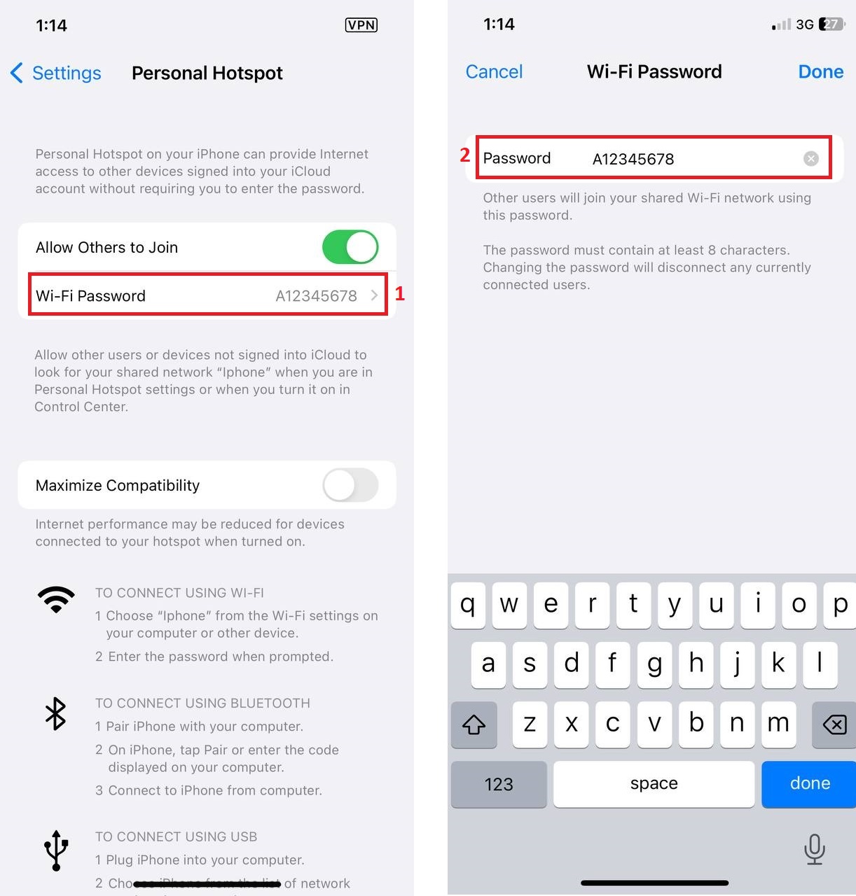 Wi-Fi hotspot settings with personal hotspot enabled and a password assigned, emphasizing security measures.