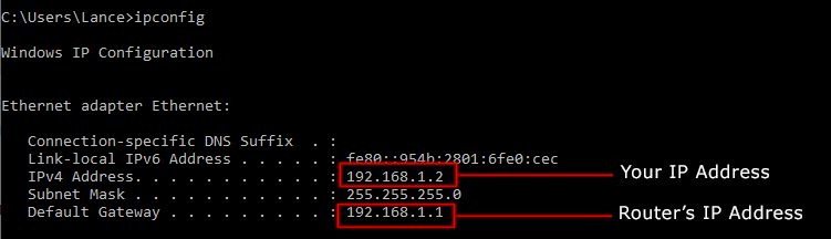 screenshot that shows the CMD and ipconfig command