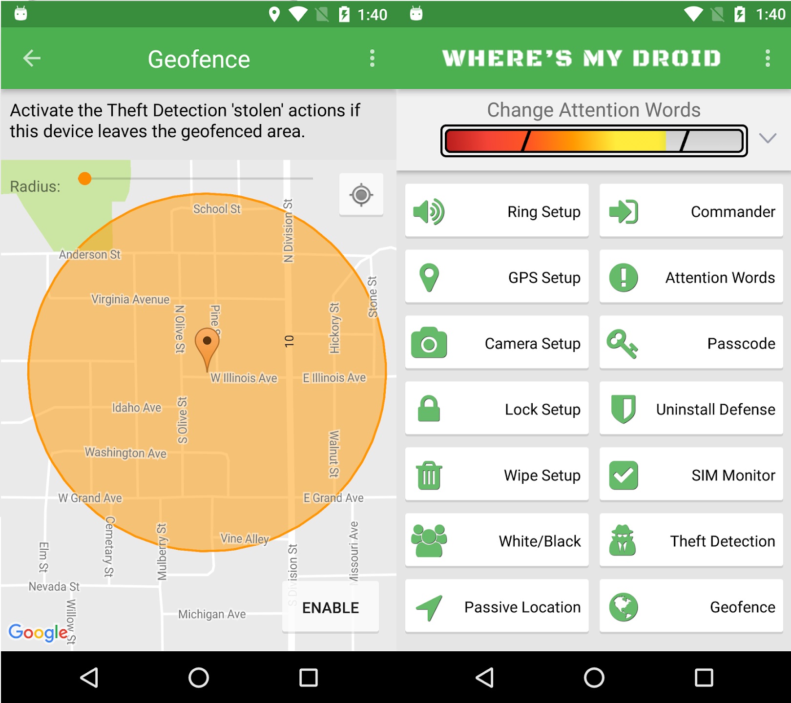Where's My Droid app interface, emphasizing the location tracking feature and the remote ringing option, a free phone tracker