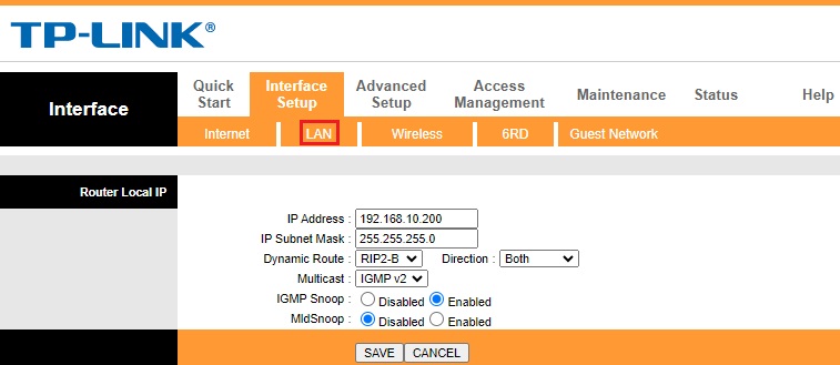 Router IP address settings page showing fields for entering a new IP address and subnet mask.