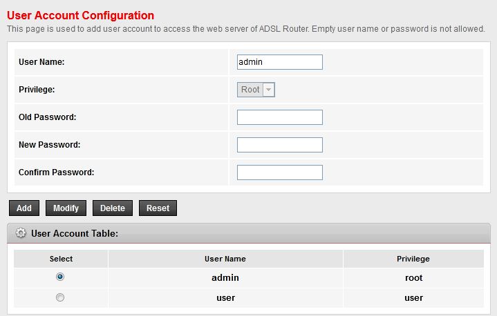 Router login credentials settings page showing fields for changing the default username and password.