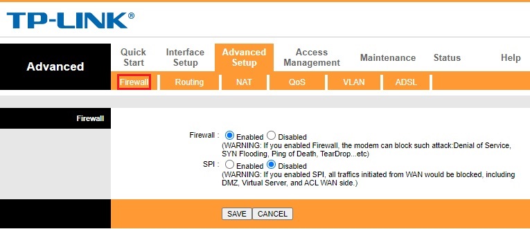 Router firewall settings page showing options to enable or disable the firewall and configure security settings.