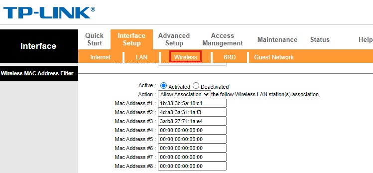 Router MAC filtering settings page showing options to enable MAC filtering and add authorized device MAC addresses.