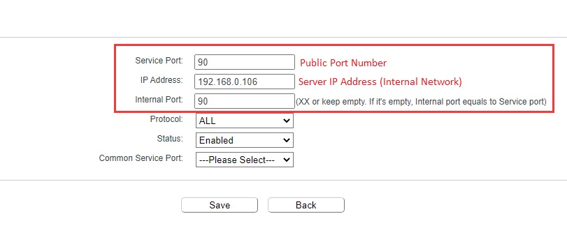 Screenshot of the port forwarding configuration page in a modem router's settings.