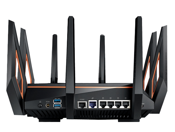 Close-up view of ASUS GT-AX11000 router ports, featuring 2.5G LAN, 1G WAN, multiple 1G LAN ports, and USB 3.0 ports for enhanced connectivity.