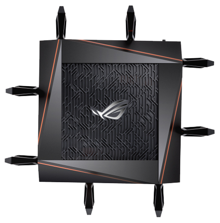 Top view of ASUS ROG Rapture GT-AX11000 router, highlighting its design, ventilation, and antenna layout for efficient Wi-Fi coverage.