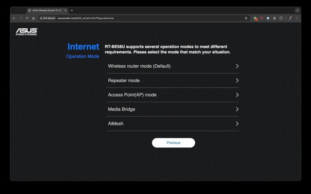 ASUS router settings page showing a dropdown or selection for operational mode: Router, Access Point, Repeater, Media Bridge.