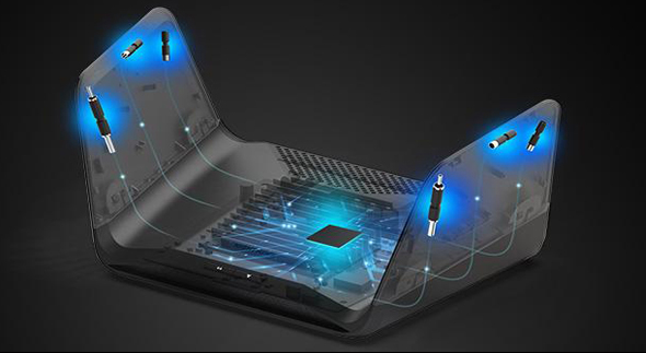 A view of the NETGEAR RAXE300 router emphasizing the location of its internal antennas within the side panels