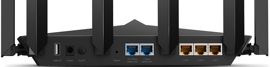 Back panel of the TP-Link Archer AX90 router, showing ports for power, 2.5GbE WAN/LAN, Gigabit Ethernet WAN/LAN, Gigabit Ethernet LAN, USB 2.0, and USB 3.2. Also visible are the power button and reset button.