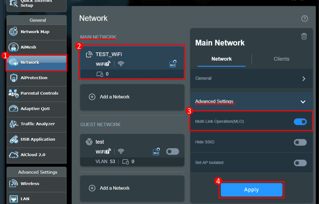 Screenshot of the ASUS router's web-based console showing the steps to enable Multi-Link Operation (MLO) on the main network. The user is on the Advanced Settings page within the Main network profile. The Multi-Link Operation (MLO) checkbox is highlighted and checked to enable the feature.