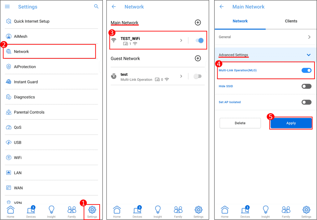 Screenshot of the ASUS Router app showing the steps to enable Multi-Link Operation (MLO) on the main network. The user has navigated to Settings, then Network, then Main network profile, then Advanced Settings. The Multi-Link Operation (MLO) toggle is highlighted and set to "On".