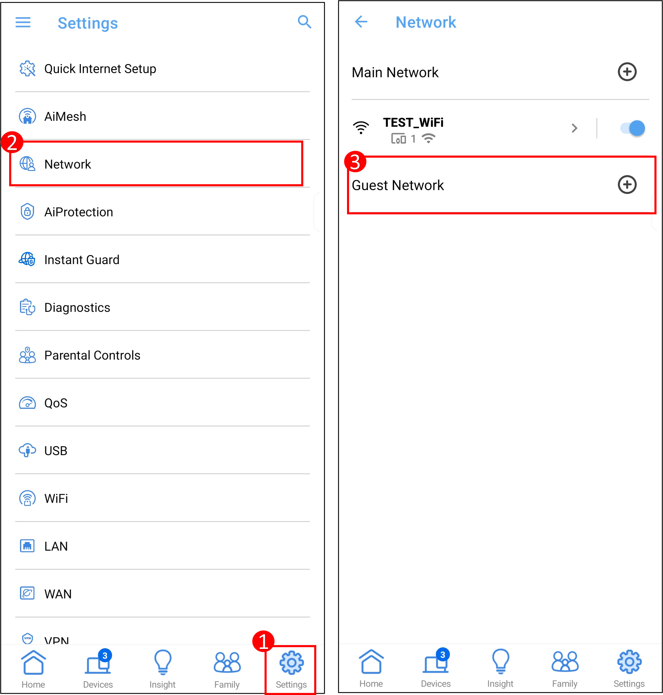 Screenshot of the ASUS Router app showing the navigation to the Guest Network, Guest Network Pro, or Smart Home Master section for creating a separate MLO network. The user has tapped on "Settings" then "Network," and the "Guest Network," "Guest Network Pro," or "Smart Home Master" option is visible and likely selected or highlighted.