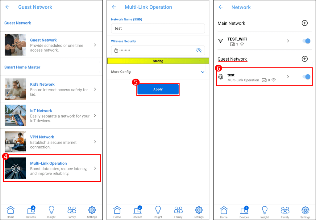Screenshot of the ASUS Router app showing the navigation to the Guest Network, Guest Network Pro, or Smart Home Master section for creating a separate MLO network. The user has tapped on "Settings" then "Network," and the "Guest Network," "Guest Network Pro," or "Smart Home Master" option is visible and likely selected or highlighted.