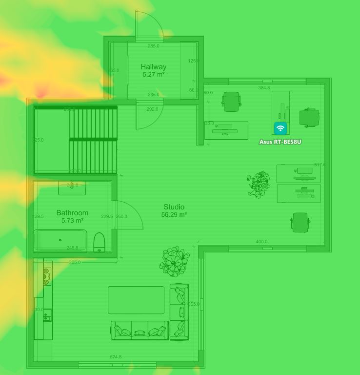 Heatmap of Asus RT-BE58U 5GHz Wi-Fi signal strength. Green indicates strong, yellow medium, red weak signal areas.