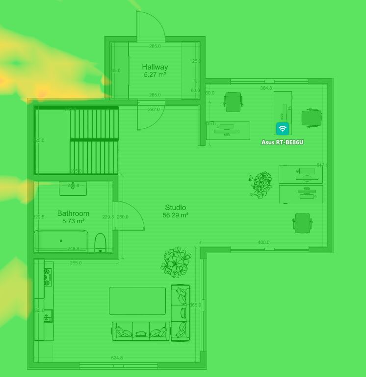 Heatmap showing Asus RT-BE86U 5GHz Wi-Fi signal strength across a home. Colors denote signal quality: green (strongest), yellow (moderate), red (weakest).